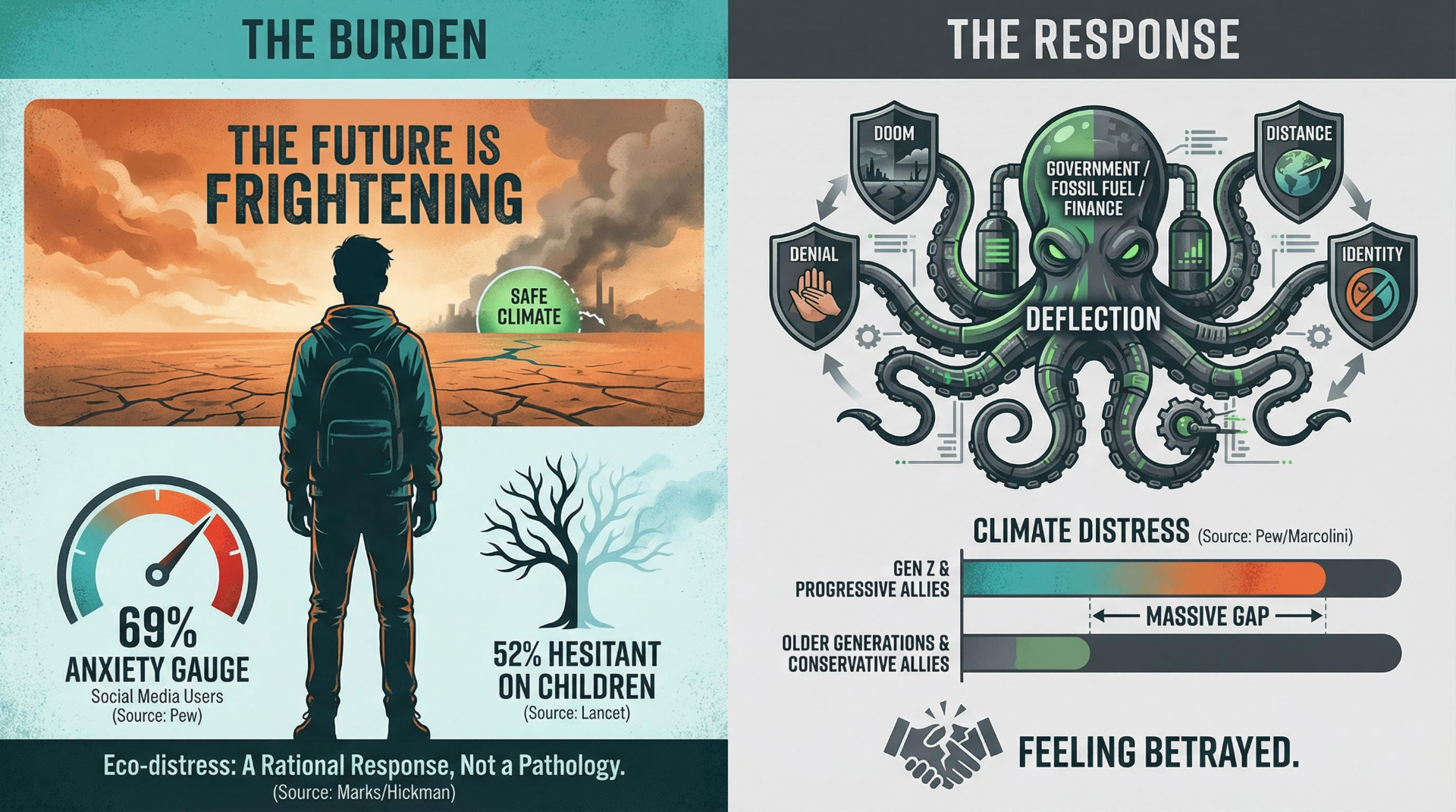 Infographic showing Gen Z climate burden with 69% anxiety and 52% child hesitancy contrasted with fossil fuel deflection strategies