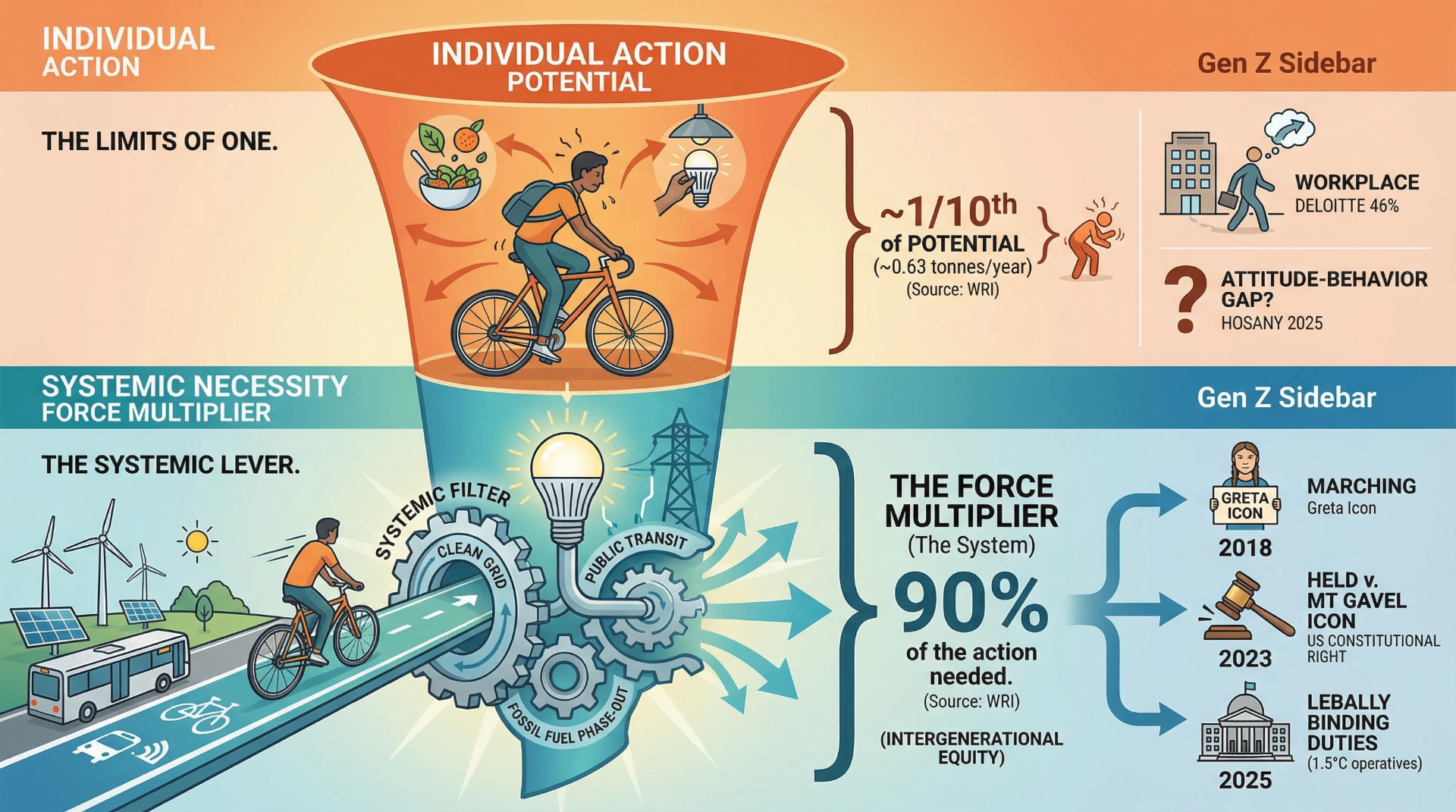 Infographic showing individual climate action delivers only one-tenth of potential versus systemic change as 90% force multiplier with Gen Z activism timeline