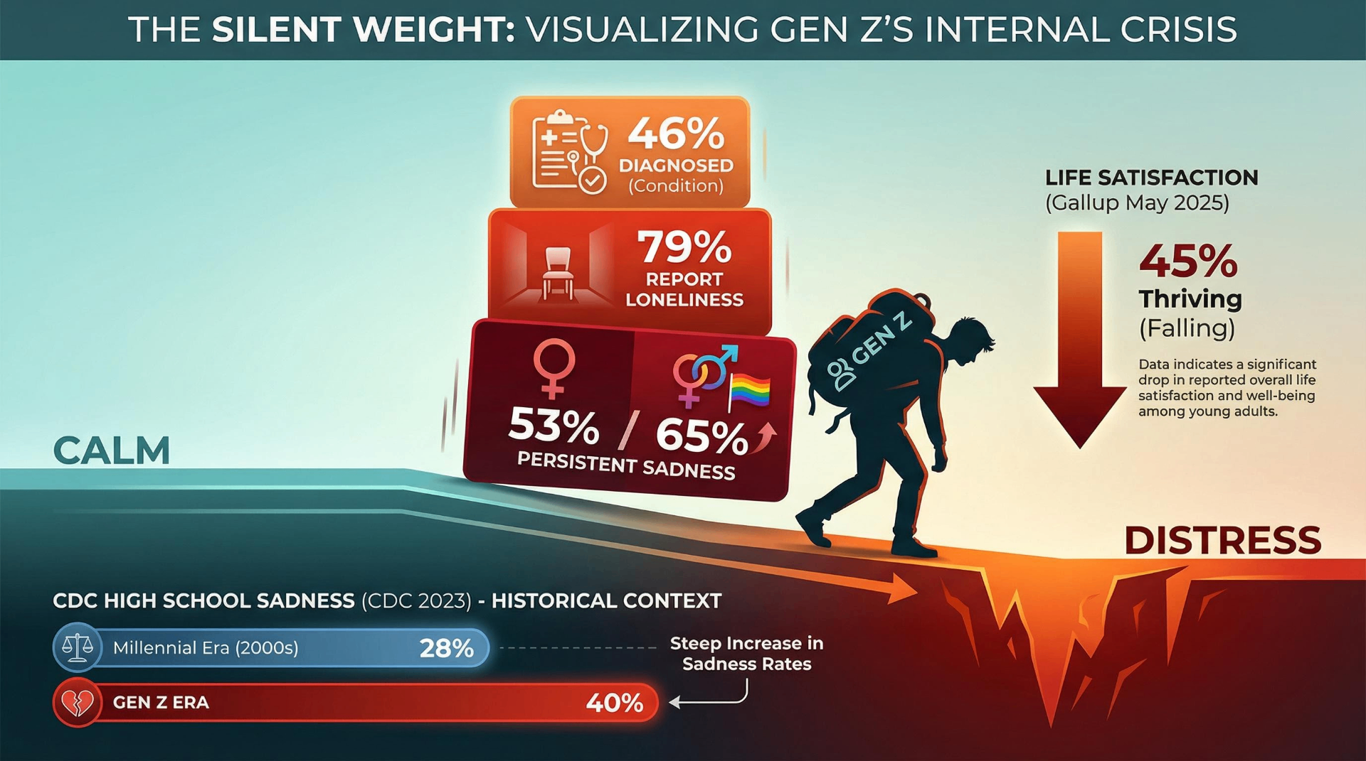 Infographic visualizing Gen Z mental health statistics including 46% diagnosed, 79% loneliness, and declining life satisfaction
