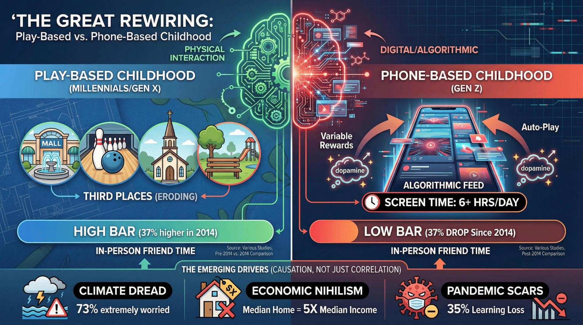 Infographic comparing play-based childhood with phone-based childhood showing 37% drop in friend time and 6+ hours daily screen time