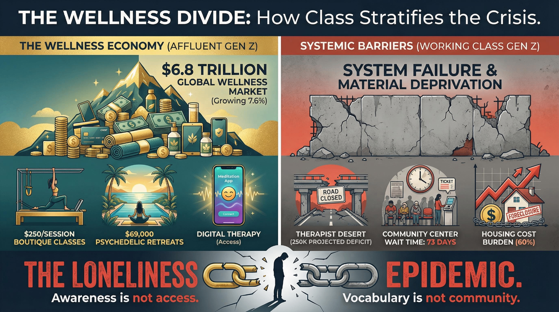 Infographic showing the wellness economy divide between affluent and working class Gen Z mental health access