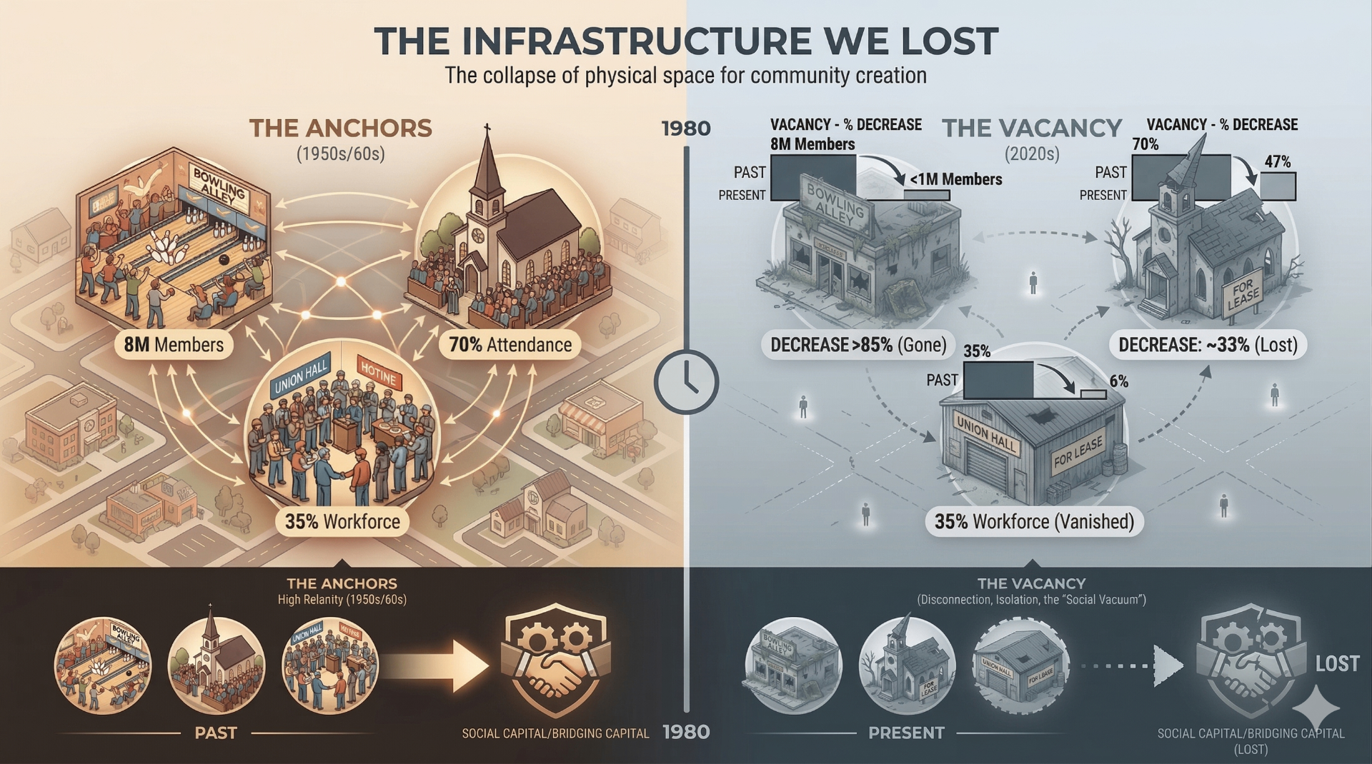 Infographic showing the collapse of physical space for community creation — comparing 1950s-60s anchors like bowling alleys, churches, and union halls to their present-day vacancy